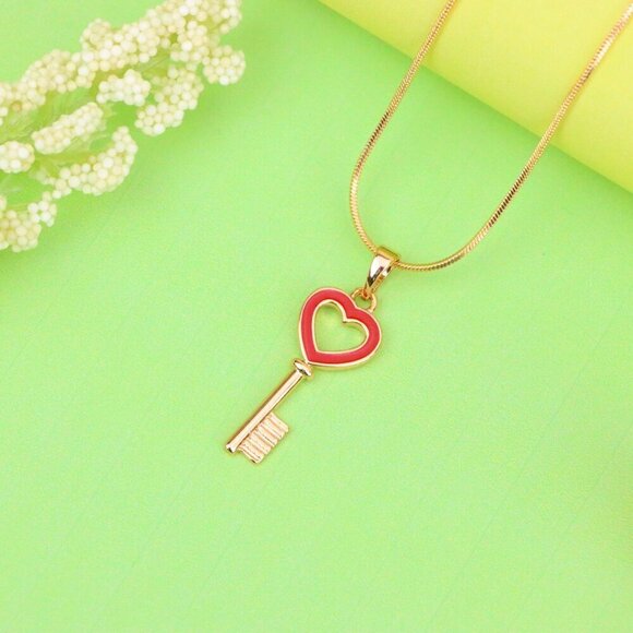 "Heart-Shaped Key Design Rose Gold Pendant with Red Enamel Accent, XPPT1280 - Picture 4 of 12